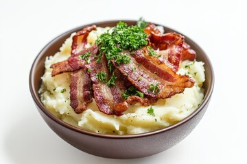 Bowl of fried bacon mashed potatoes and parsley on white