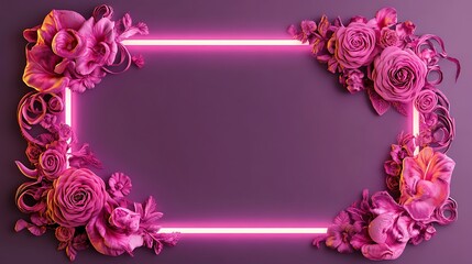 Pink Floral Frame With Neon Light Design