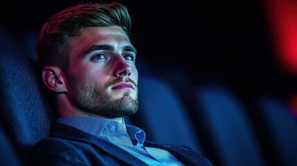 Thoughtful young man seated in dark theater reflecting amidst colorful lighting effects