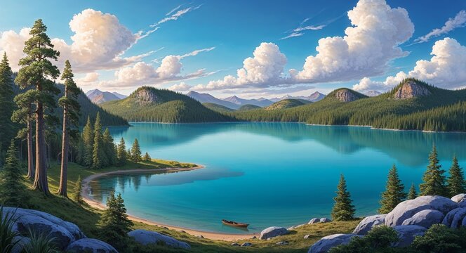 A large pristine freshwater lake surrounded by ancient forests and rolling hills