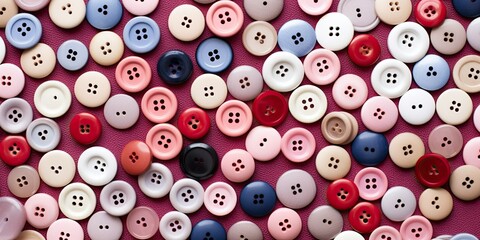 Fototapeta premium Colorful buttons scattered on a pink surface