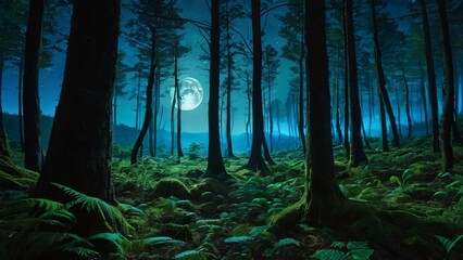 Fototapeta premium Ethereal Bioluminescent Forest: Radiant Glowing Trees Under Starry Enormous Moon