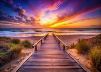 Fototapeta premium Long Exposure: Wooden Boardwalk Leading to Serene Beach at Sunset