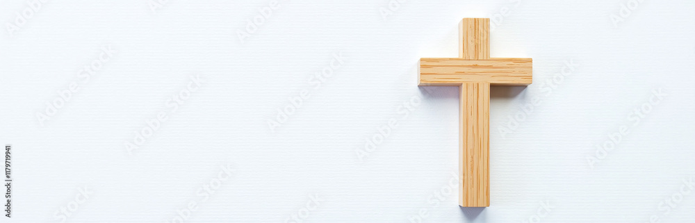 Aufkleber a brown wooden cross is placed on a white textured background with simplicity and elegance in its de