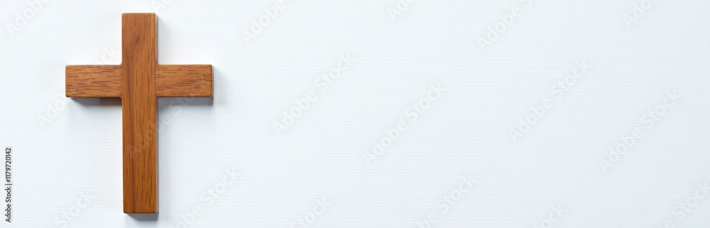 Aufkleber a brown wooden cross is placed on a white textured background with simplicity and elegance in its de