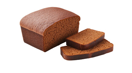 Freshly Baked Dark Bread Loaf with Two Slices Displayed on a White Background