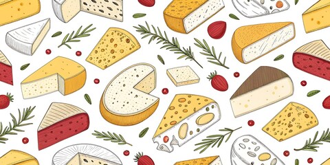 An illustrated seamless pattern featuring various types of cheese slices, herbs, nuts, and decorative elements.