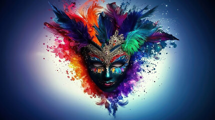 Carnival is a vibrant festival of creativity. People wear artistic masks to celebrate. Colorful Feathered Mask with Vibrant Splashes of Paint