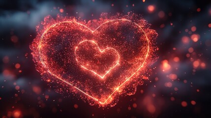 Fiery Heart Abstract, Glowing Particles, Dark Background, Valentine's Design.