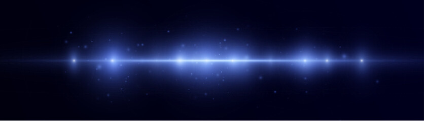 Horizontal blue glowing light effect. Bright horizontal flash. Glow effect. Star burst with shimmering glitter.