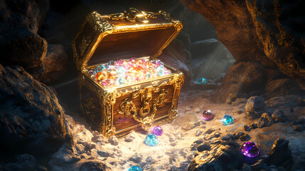 Unveiling hidden riches: a majestic treasure chest rests amidst shimmering jewels in an ancient, shadowy cavern. Glowstone. Illustration