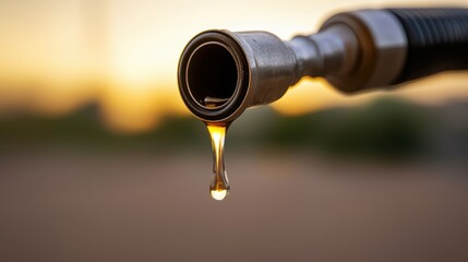 Fuel nozzle gas concept. A close-up view of a fuel nozzle dripping liquid against a blurred background, highlighting the importance of fuel in daily life.