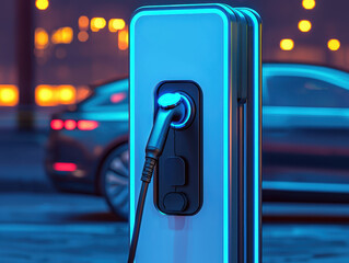 Fototapeta premium Fuel nozzle gas concept. An electric vehicle charging station illuminated at night, showcasing modern design and technology against a blurred car backdrop.