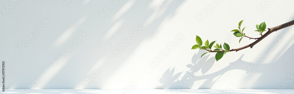 Poster a branch stretches against a sunny white wall in an abstract nature background with space for text g