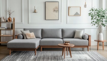 Modern Sectional Sofa Gray Fabric Wooden Legs Living Room Interior Design