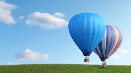 Obraz premium Two Hot Air Balloons Gracefully Soaring Over Lush Green Fields: A Stunning 3D Render in a Vibrant, Dreamlike Style. AI Generated