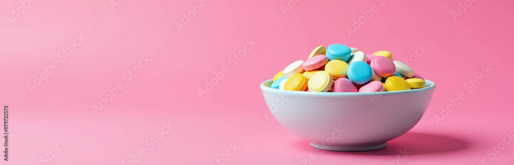 Aufkleber A Bowl Filled With Brightly Colored Pills Against A Vibrant Pink Background Creates A Visually Appealing And Creative Composition Image. 00001