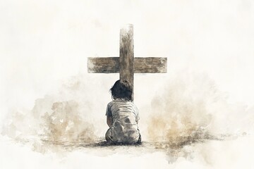 Watercolor illustration of a small boy alone and sad, kneeling before a large wooden cross.