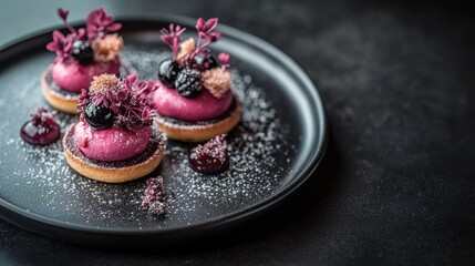 Naklejka premium Vividly decorated pastries with intricate toppings are placed on a sleek black plate, creating a striking visual contrast against the dark setting.