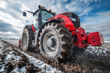 Farm tractor plows a snow-covered field under a cloudy sky in a rural landscape