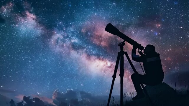 star gazing concept, silhouette of astronomer with telescope over star sky background with copy space