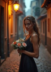 Fototapeta premium Romantic evening stroll with flowers in a quaint old town alley
