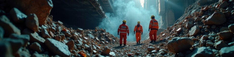 Naklejka premium Rescuers using advanced equipment to locate survivors under debris , sensors, teamwork