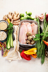 Healthy food background. Many different healthy food on table.