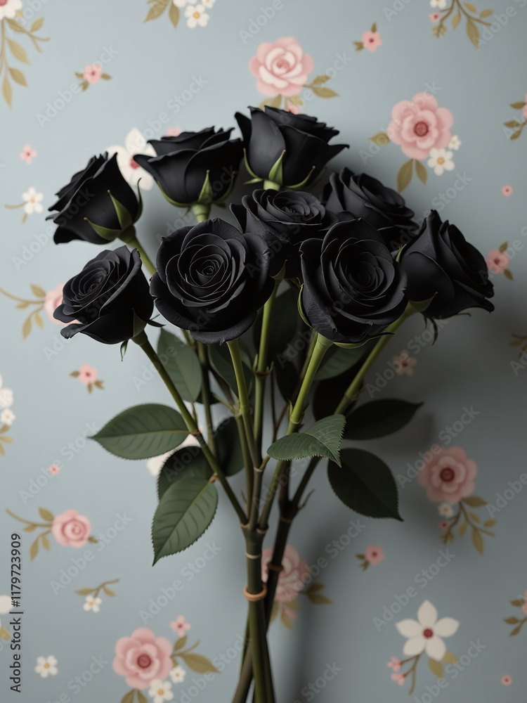Poster a bouquet of black roses is set against a subtle floral pattern on a monotonous background with no d