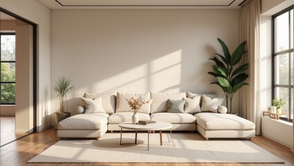 Cozy living room with plush white sectional sofa, creamy hue, opposite wall adorned with warm tones, minimalist coffee table & inviting atmosphere