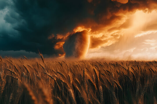 Tornado over a wheat field, stormy sky with rain clouds, supercell of agriculture field.