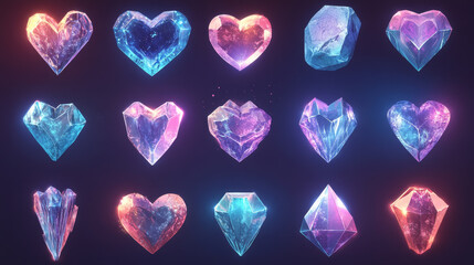 Fototapeta premium Red magic crystals, glass or gem stones, heart and stalagmites, faceted and rough glowing rocks, isolated crystalline mineral. Jewelry precious or semiprecious gemstones, Realistic 3d vector icons set