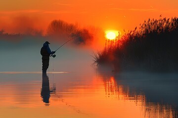 Fisherman stands in calm waters at sunrise, casting line amid misty reeds and vibrant orange sky