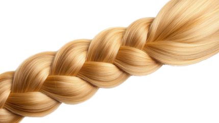 Beautifully braided golden hair strand on a white background showcasing texture and elegance in hair styling