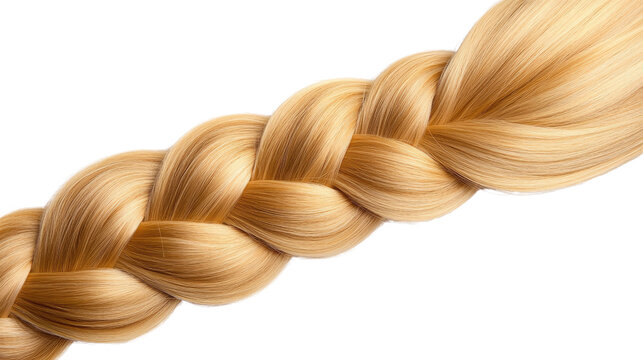Beautifully braided golden hair strand on a white background showcasing texture and elegance in hair styling