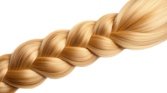 Beautifully braided golden hair strand on a white background showcasing texture and elegance in hair styling