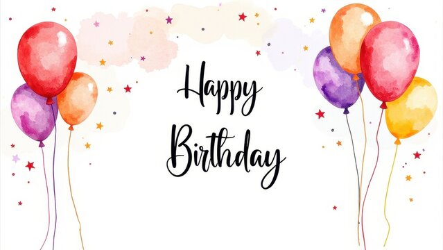 Colorful watercolor birthday card featuring vibrant red, orange, sunny yellow, and rich purple balloons floating amidst twinkling stars on a crisp white background, with elegant "Happy Birthday" scrip