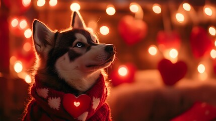 91. A husky wearing a heart-patterned scarf standing near a glowing Valentine garland