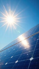 Gleaming solar panels against vibrant blue sky and sun, eco, sunshine