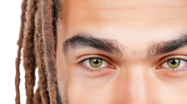 Close-Up of a Young Man with Dreadlocks and Striking Green Eyes Against a Simple Background - Powered by Adobe