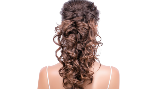 Elegant woman with curly hair styled in an updo, showcasing beautiful brown hair texture and flowing curls from the back