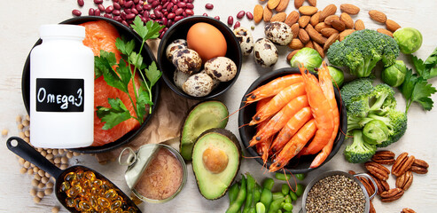 Selection food sources of omega 3 and healthy fats.