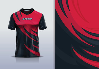T-shirt mockup abstract curve line sport jersey design for football, soccer, racing, esports, running, in red black color © Nimpuna O