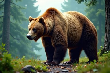 Obraz premium Massive brown bear, bipedal stance, forest backdrop, wild animal photography, wildlife