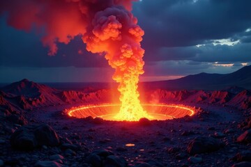 Fototapeta premium Night eruption, glowing lava bursts from crater , hazard, natural phenomenon