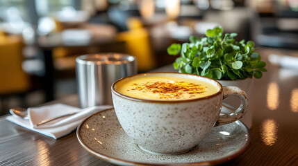 A creamy, yellow turmeric latte in a speckled mug sits on a saucer in a cafe setting.  A small plant adds a touch of nature to the scene.
