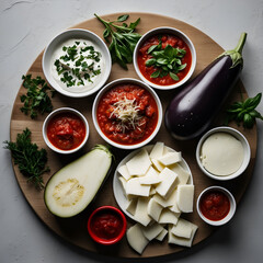 Colorful arrangement of ingredients for eggplant parmesan on a wooden platter