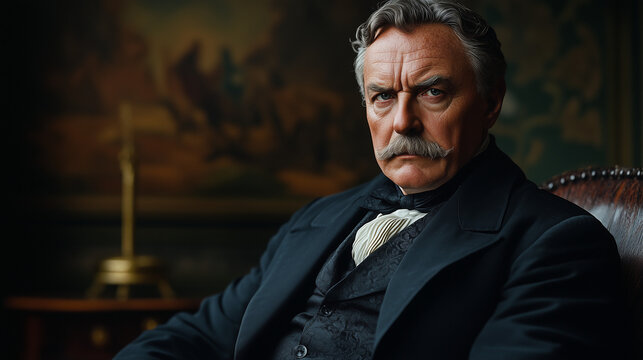  A historical portrait of a statesman from the 19th century, dressed in a formal black suit and cravat, with soft, directional light highlighting the thoughtful expression