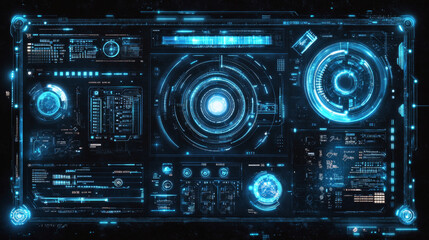 Fototapeta premium Futuristic tech game ui frames with glowing neon blue line on black background. User interfaces gaming overlays or sci fi visual hud elements. Circular and rectangular borders with digital details.