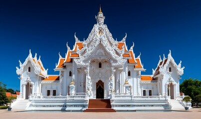 Fototapeta premium Vibrant Thai Temple Celebration, a beautifully adorned temple showcasing intricate decorations for a traditional water festival, rich cultural heritage on display